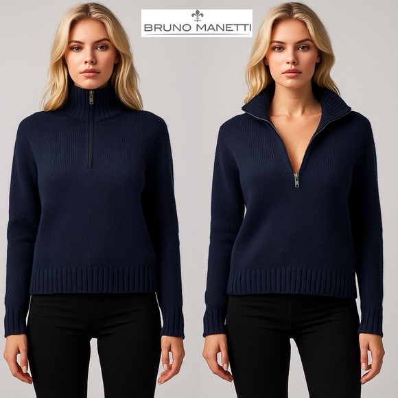BRUNO MANETTI Merino Wool Boxy Quarter Zip Sweater Made In Italy Navy Blue M - Picture 2 of 16